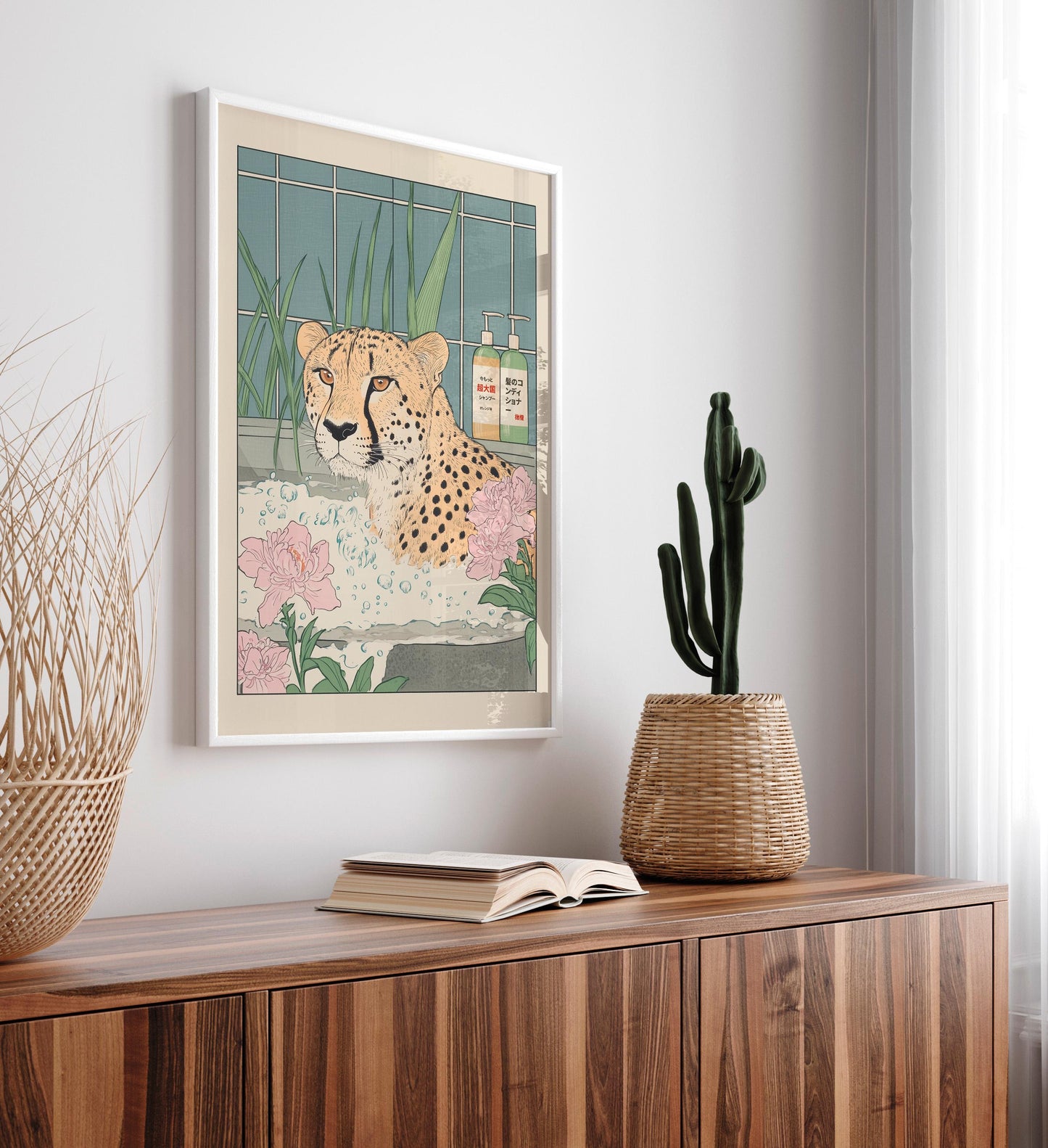 Cheetah in Bathtub Art Print: Japanese Ukiyo-e Style Bathroom Decor