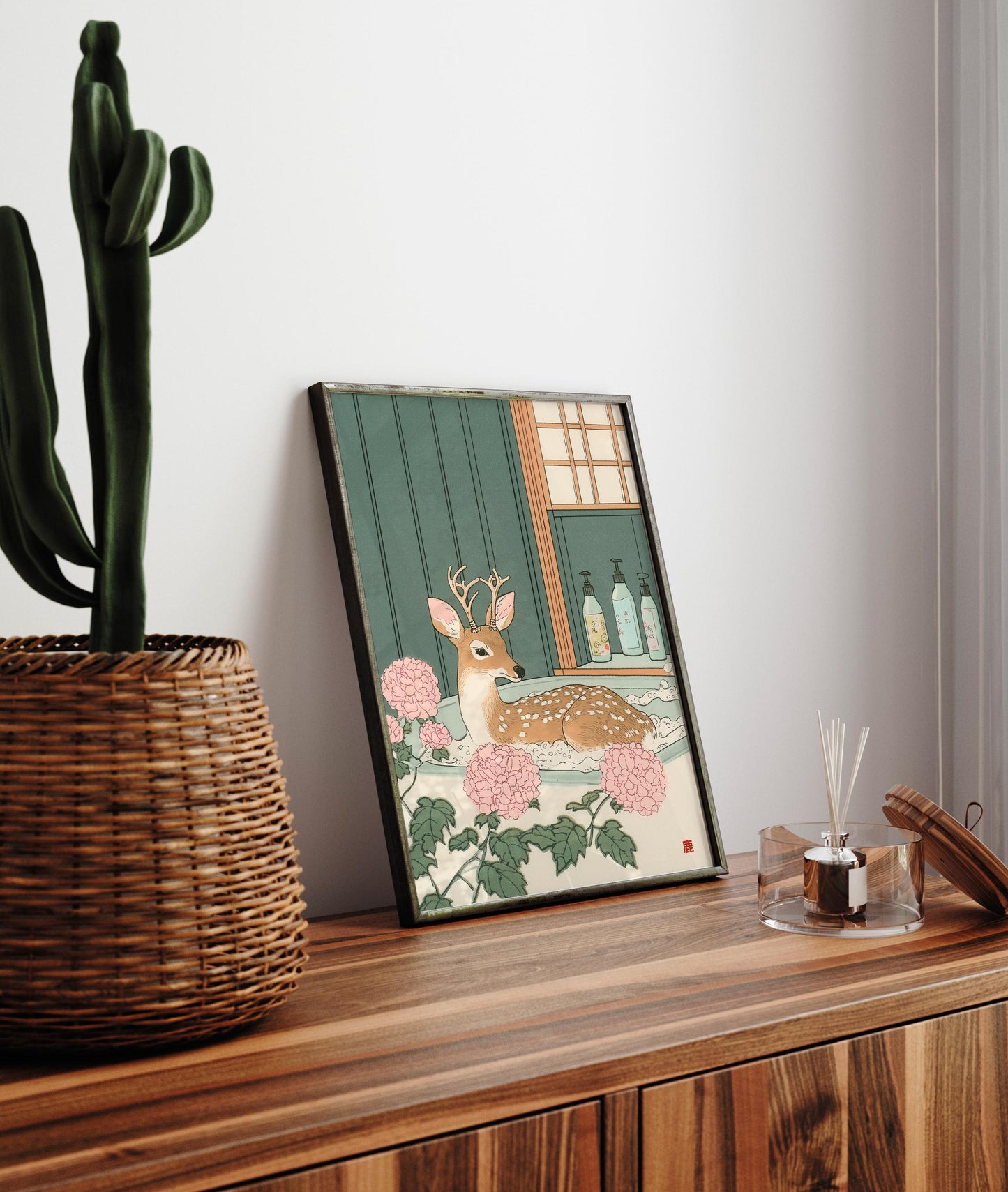 Deer in Bathtub Ukiyo-e Print: Japandi Bathroom Wall Art