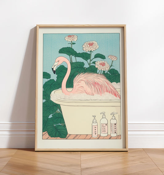 Japanese Flamingo Art Print: Ukiyo-e Bathroom Decor