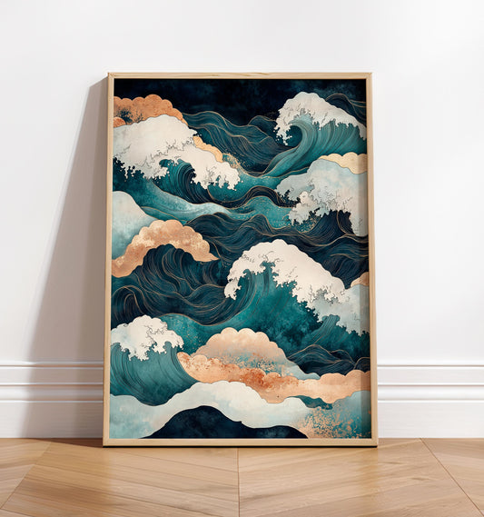 Japanese Ocean Wave Print: Ukiyo-e Style Japandi Art