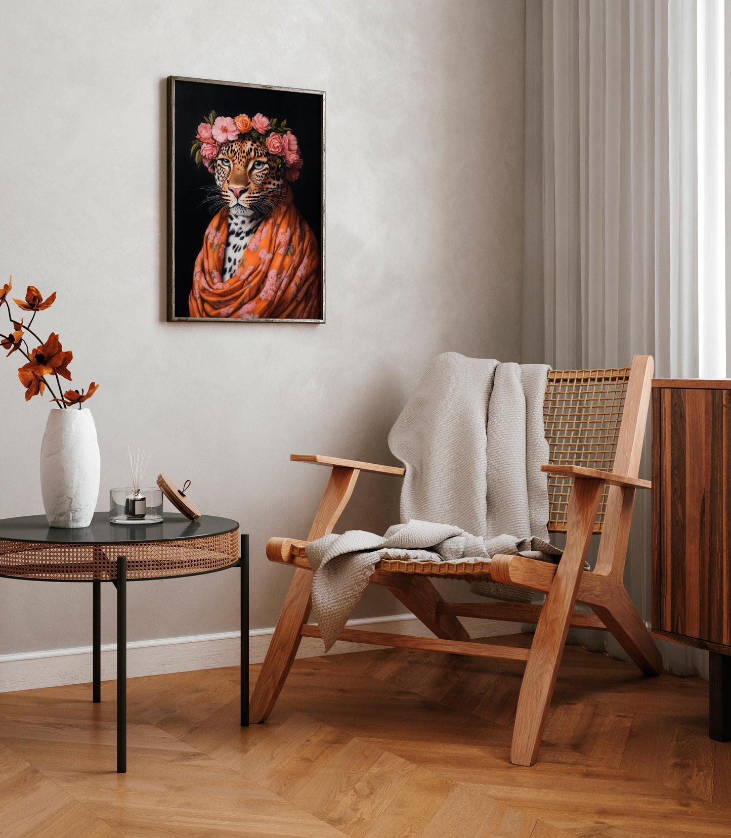 Boho Leopard Art Print: Floral Crown, Bold Animal Portrait