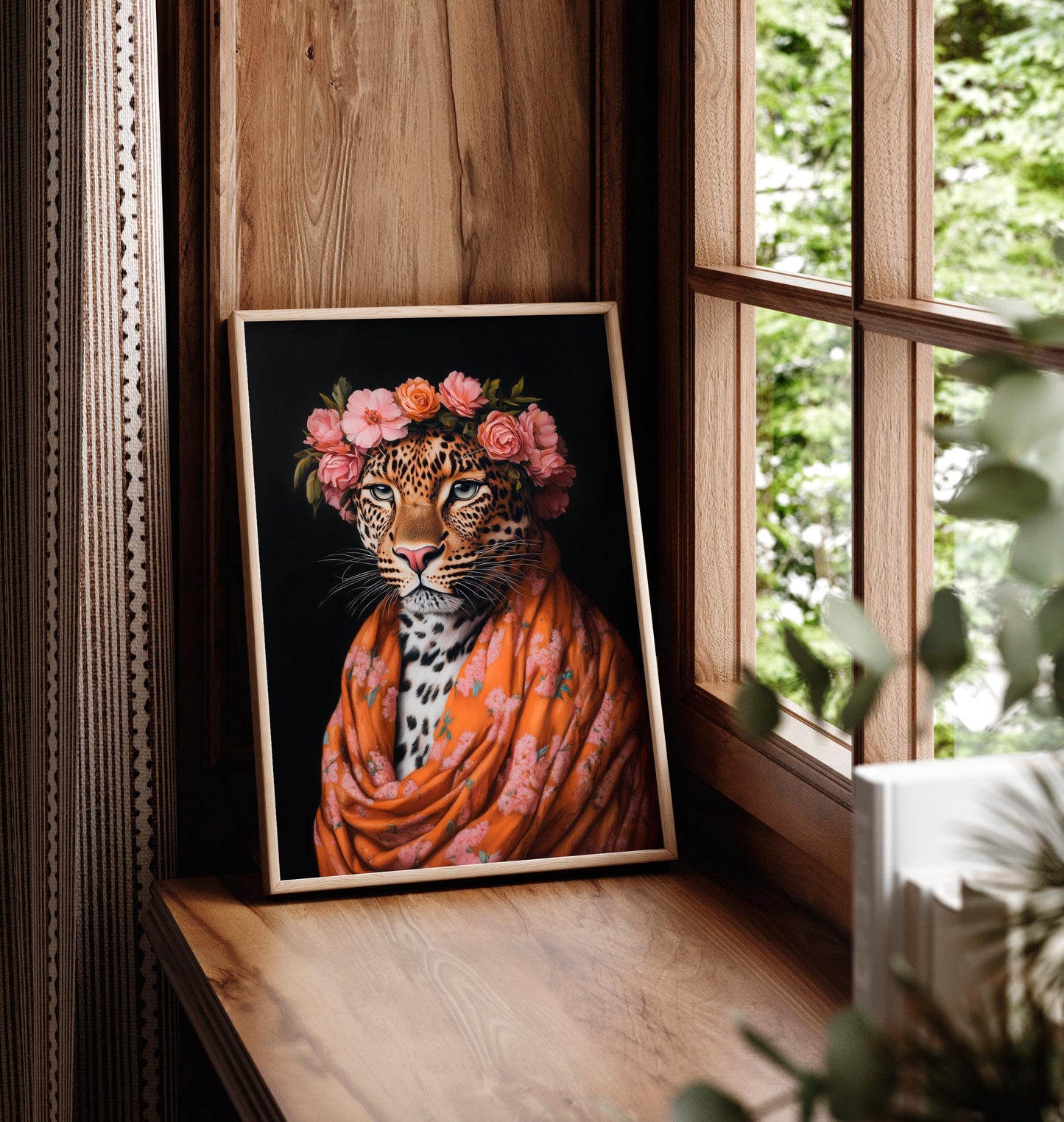 Boho Leopard Art Print: Floral Crown, Bold Animal Portrait