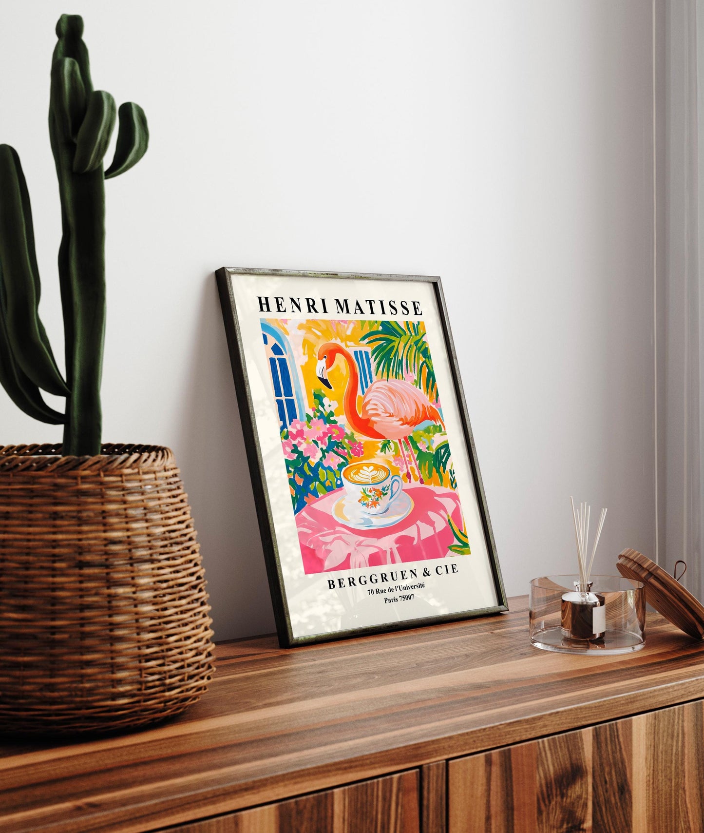 Flamingo Drinking Coffee Art Print: Henri Matisse Style Kitchen Decor