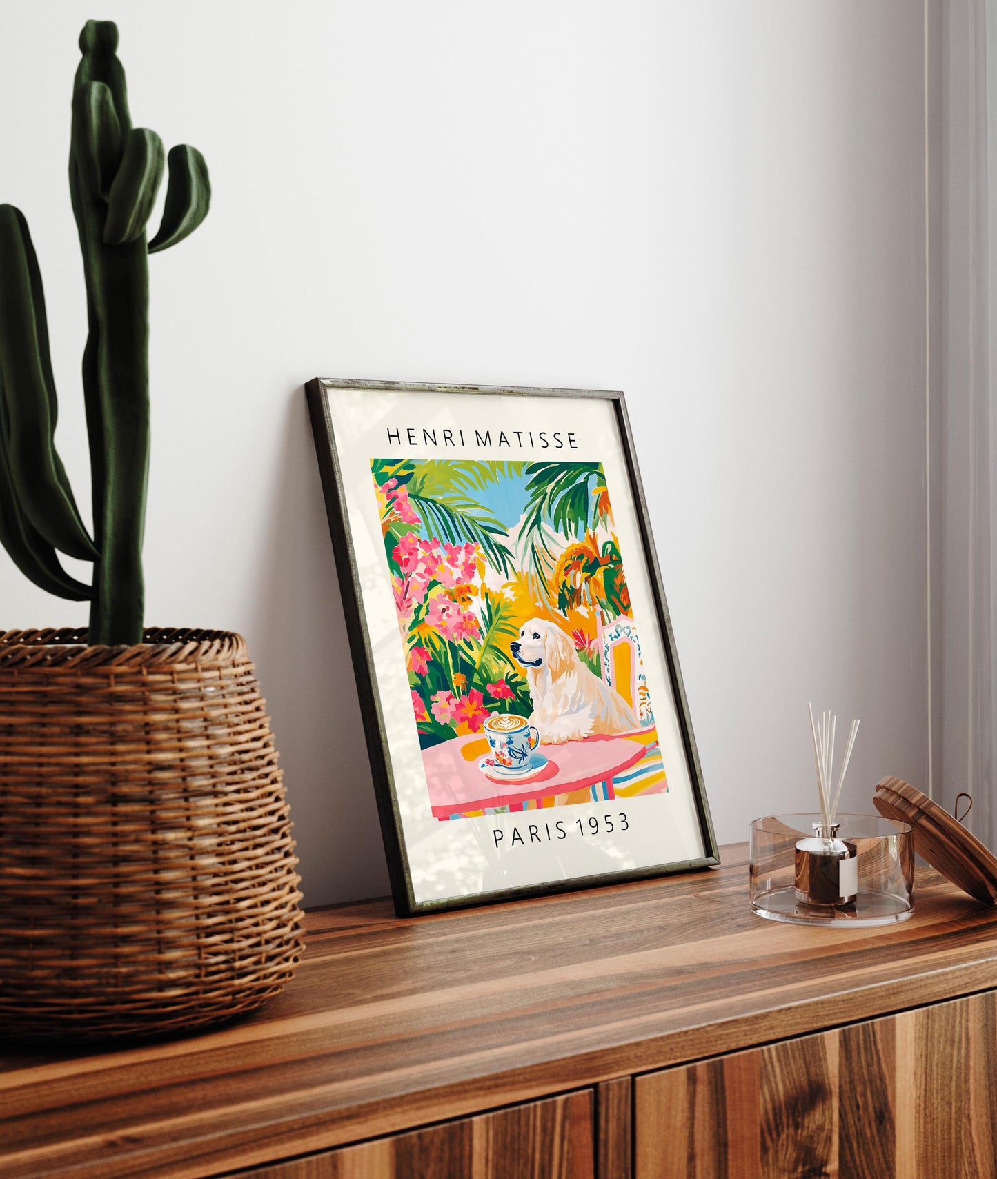 Great Pyrenees drinking coffee, Funny dog print, Pink kitchen wall art, dopamine decor, Henri Matisse print, Maximalist poster