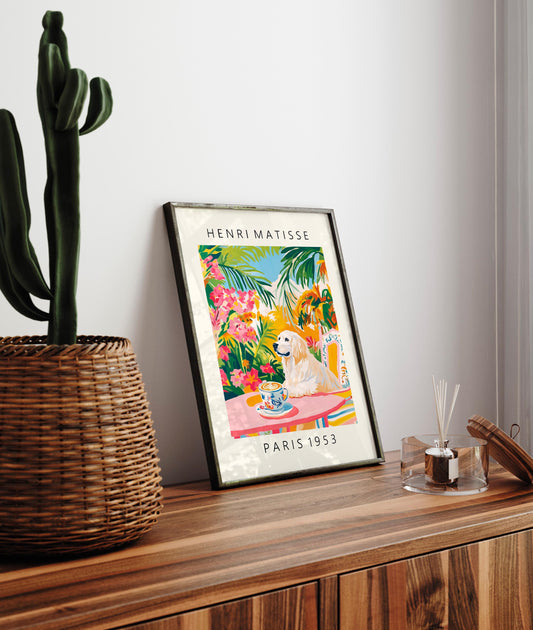 Great Pyrenees drinking coffee, Funny dog print, Pink kitchen wall art, dopamine decor, Henri Matisse print, Maximalist poster