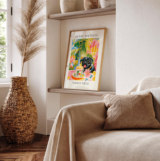 Black Pug Coffee Print: Henri Matisse Style Kitchen Art