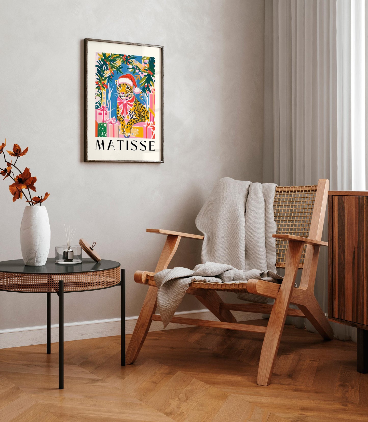 Matisse Style Leopard Christmas Print: Funny Santa Hat Wall Art