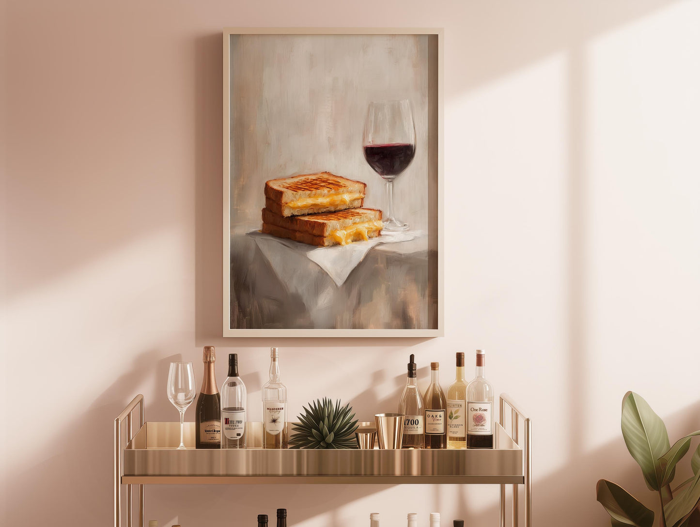 Grilled Cheese and Red Wine Art Print | Cute Quirky Whimsical | Cocktail Art Bar Cart Decor | Grilled Cheese Art Gift | Trendy Home Wall Art