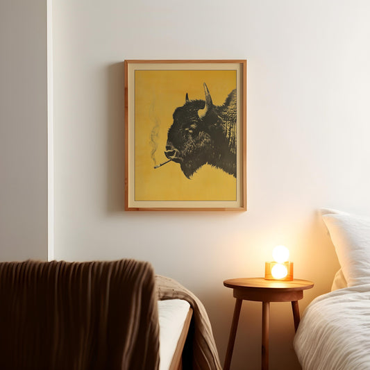 Bison Smoking a Cigarette Vintage Poster Art Funny Buffalo Retro Whimsical Print Cabin Wall Decor Outdoor Sports Hunter Illustration