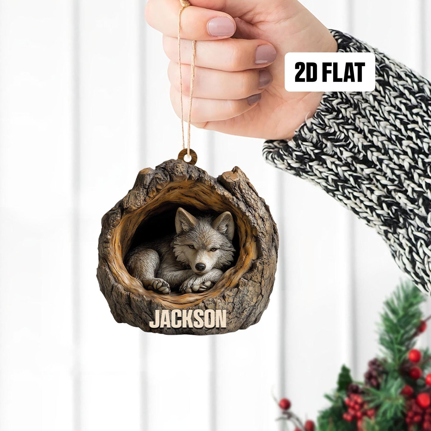 Personalized Wolf 2D Flat Ornament, Wolf Rearview Mirror Car Accessories, Wolf Christmas Ornament, Wolf Ornament,Holiday Gift for Wolf Lover