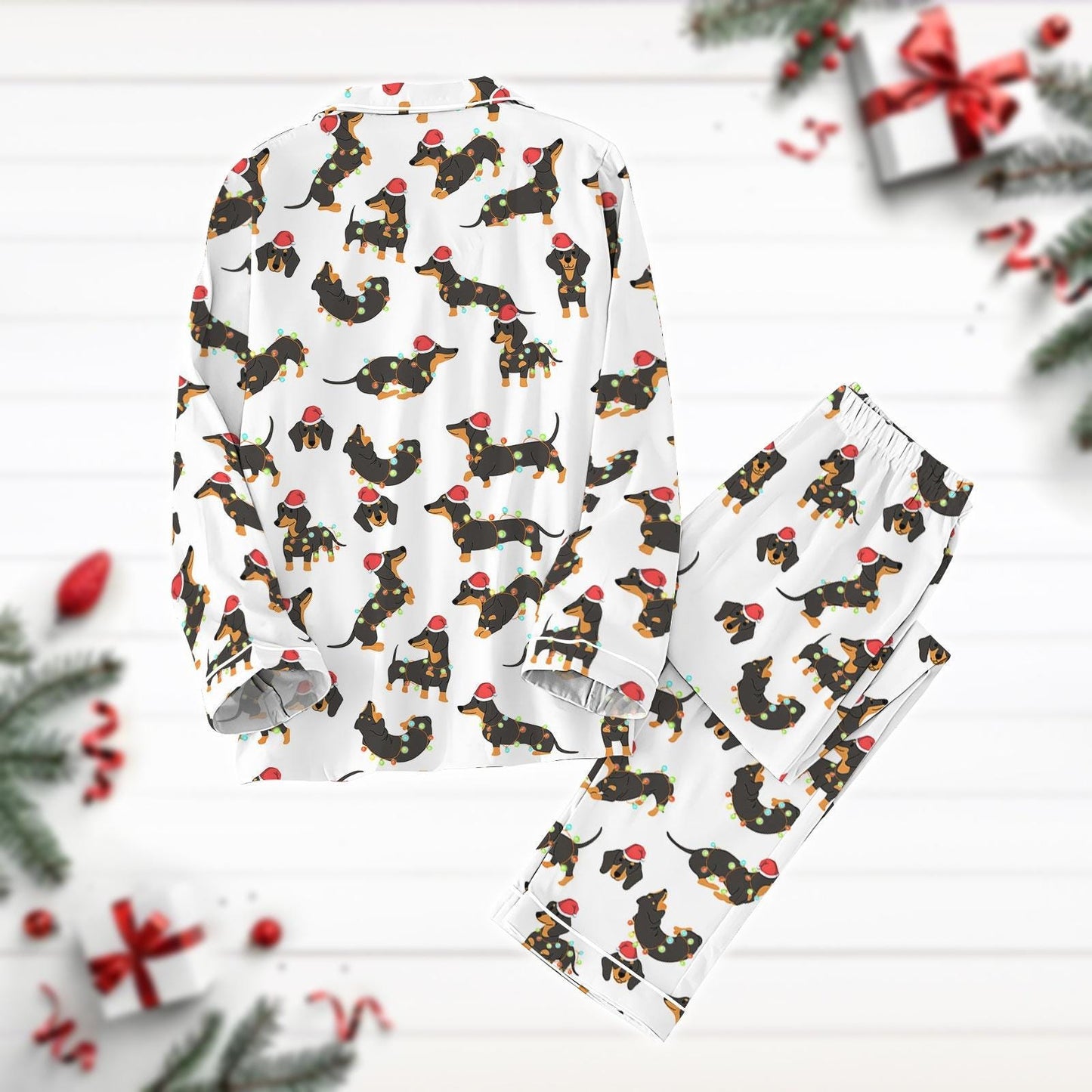 Christmas Dachshund Pajamas Set, Dog Christmas Lights Shirt, Wiener Dog Holiday Pajamas, Dog Mom Gift, Pet Lover Xmas Pajamas Pants
