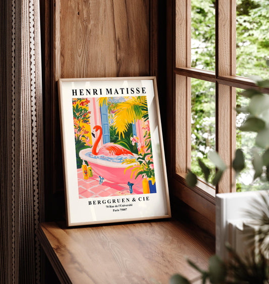 Flamingo in Bathtub Art Print: Funny Pink Bathroom Wall Decor