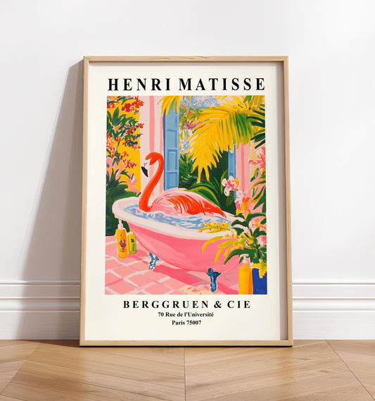 Flamingo in Bathtub Art Print: Funny Pink Bathroom Wall Decor