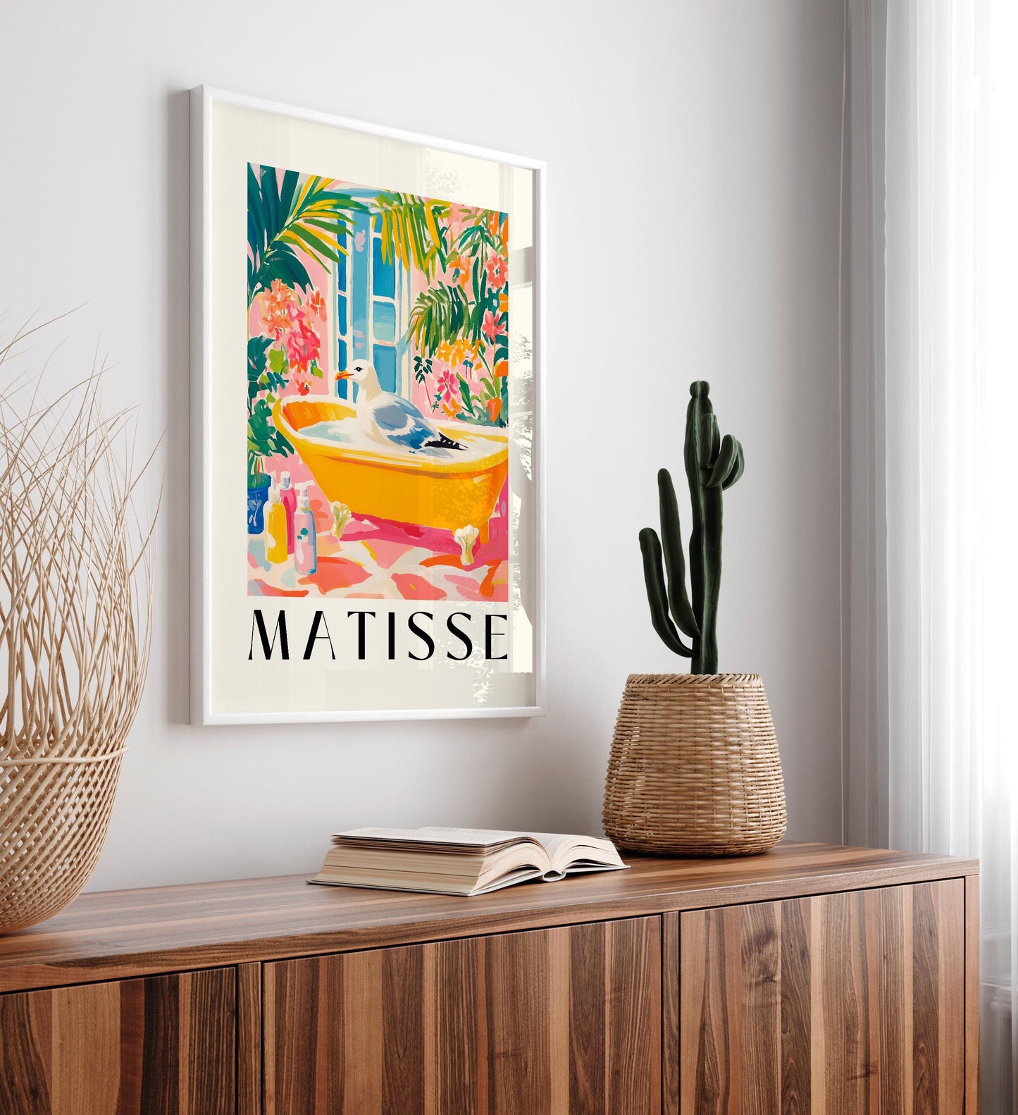 Seagull in Bathtub Art Print: Funny Matisse Style Bathroom Decor