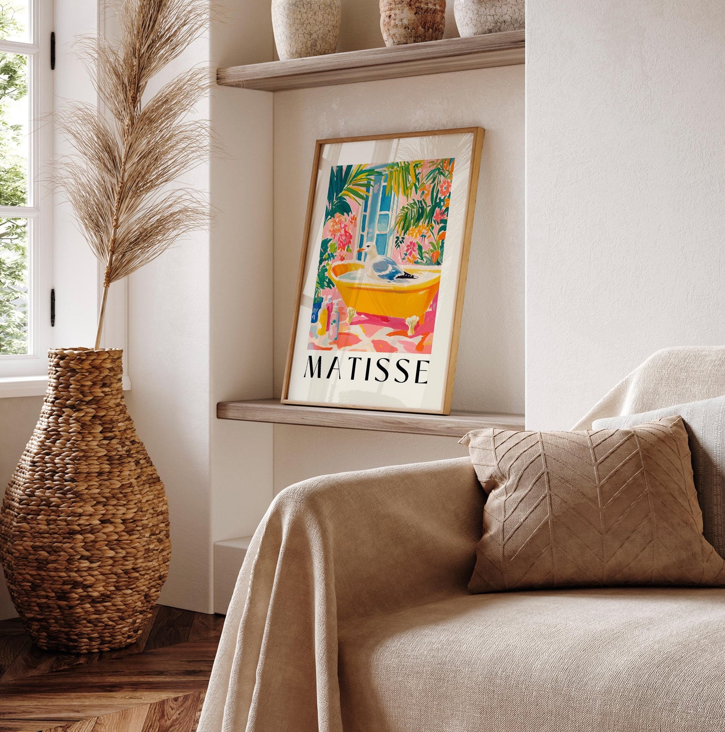 Seagull in Bathtub Art Print: Funny Matisse Style Bathroom Decor