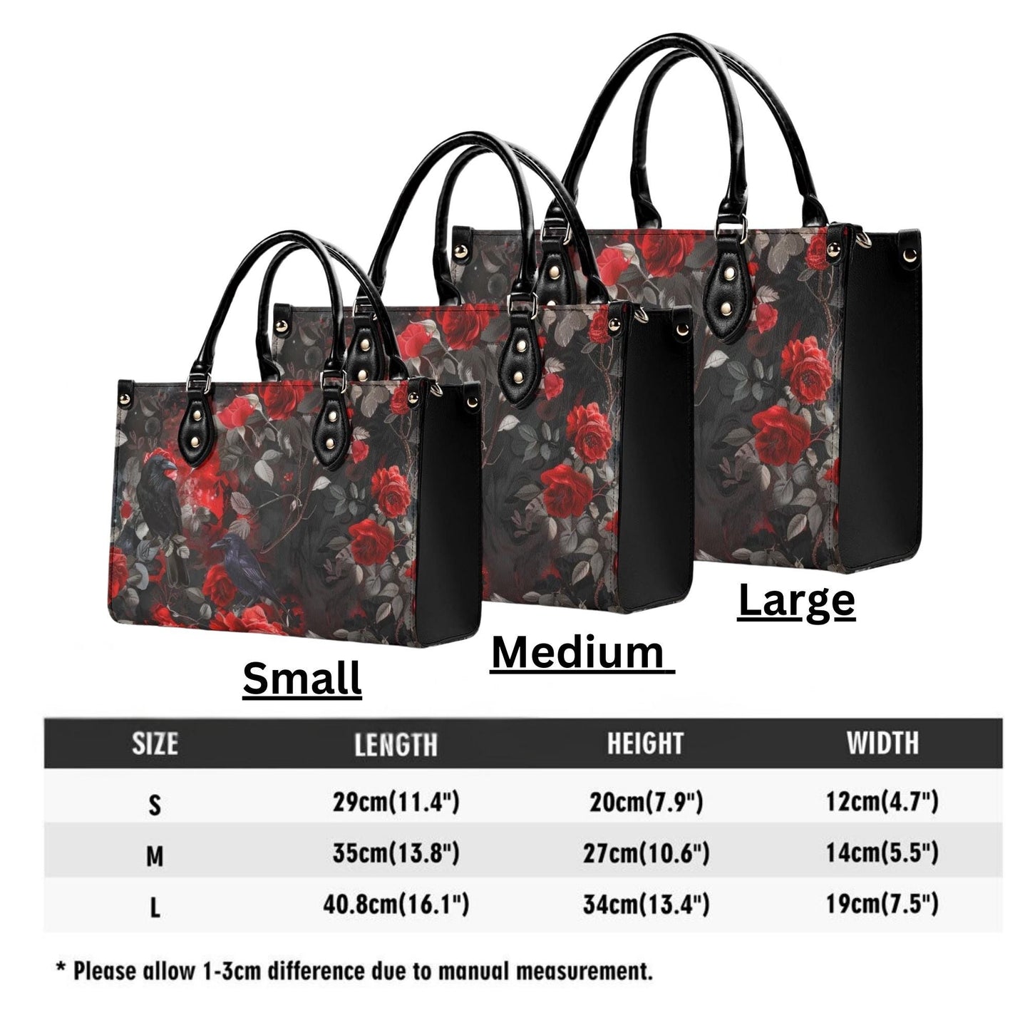Gothic Rose Tote Handbag. Colorful Handbag, Waterproof PU Leather Tote, Top Handle Vegan Leather, Crossbody, Shoulder bag.