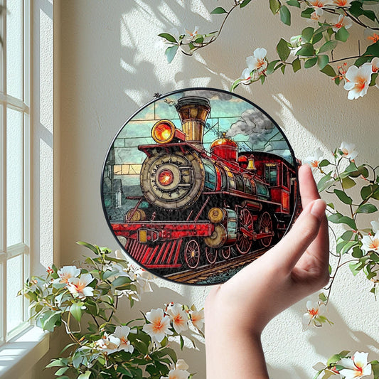 Vintage Train Stained Glass Suncatcher, Train Collector Gift, Model Train Glass Ornament, Gift for Railroad Workers, Gift for Train Drivers