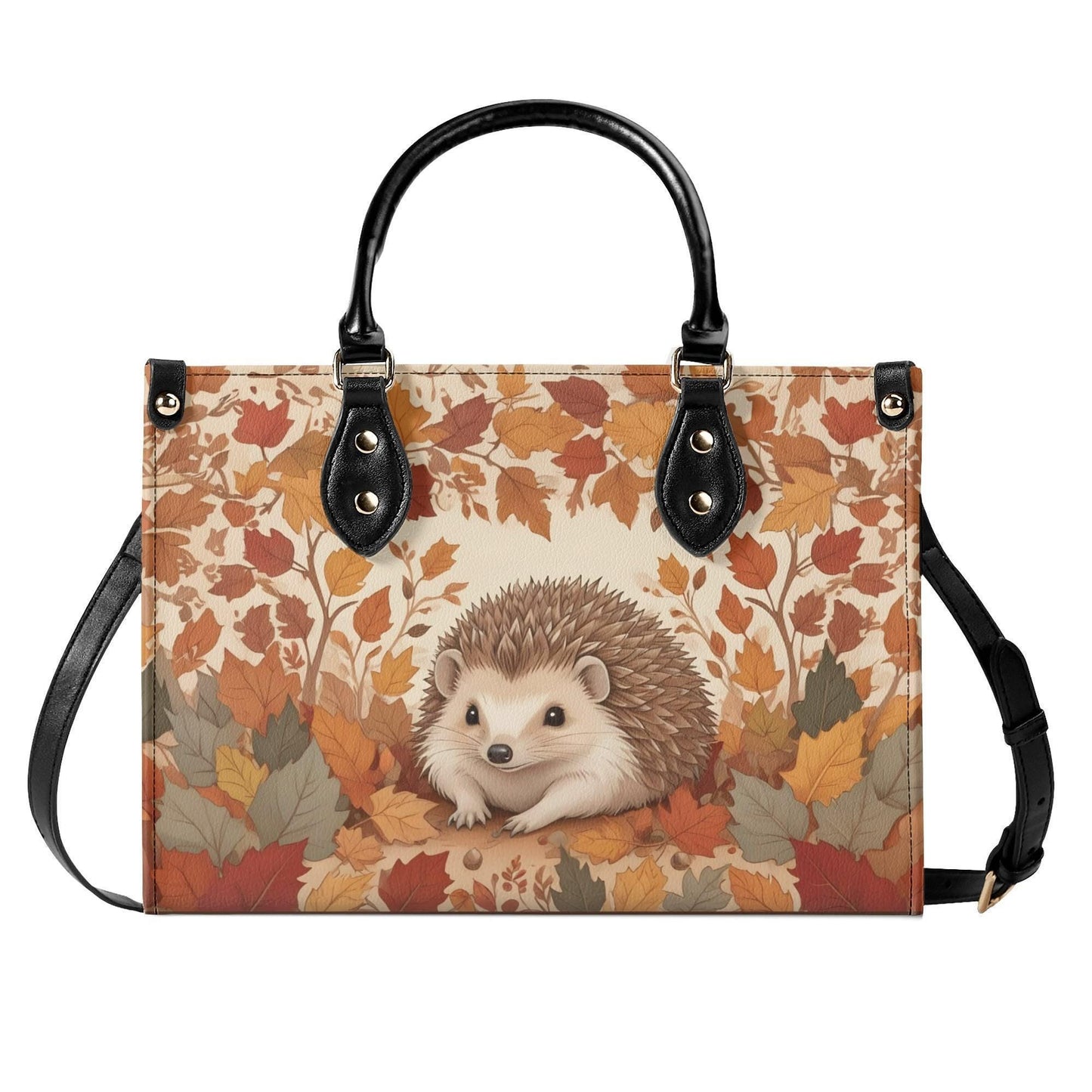 Little Hedgehog Crossbody Bag with Autumn Leaves - Nature-Inspired Vegan Leather Purse, Unique Gift for Women