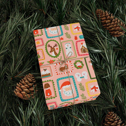 Pink Vintage Christmas Gift Wrapping Paper | Retro Patchwork Holiday Gift Wrap | Pink Custom Gift Wrap