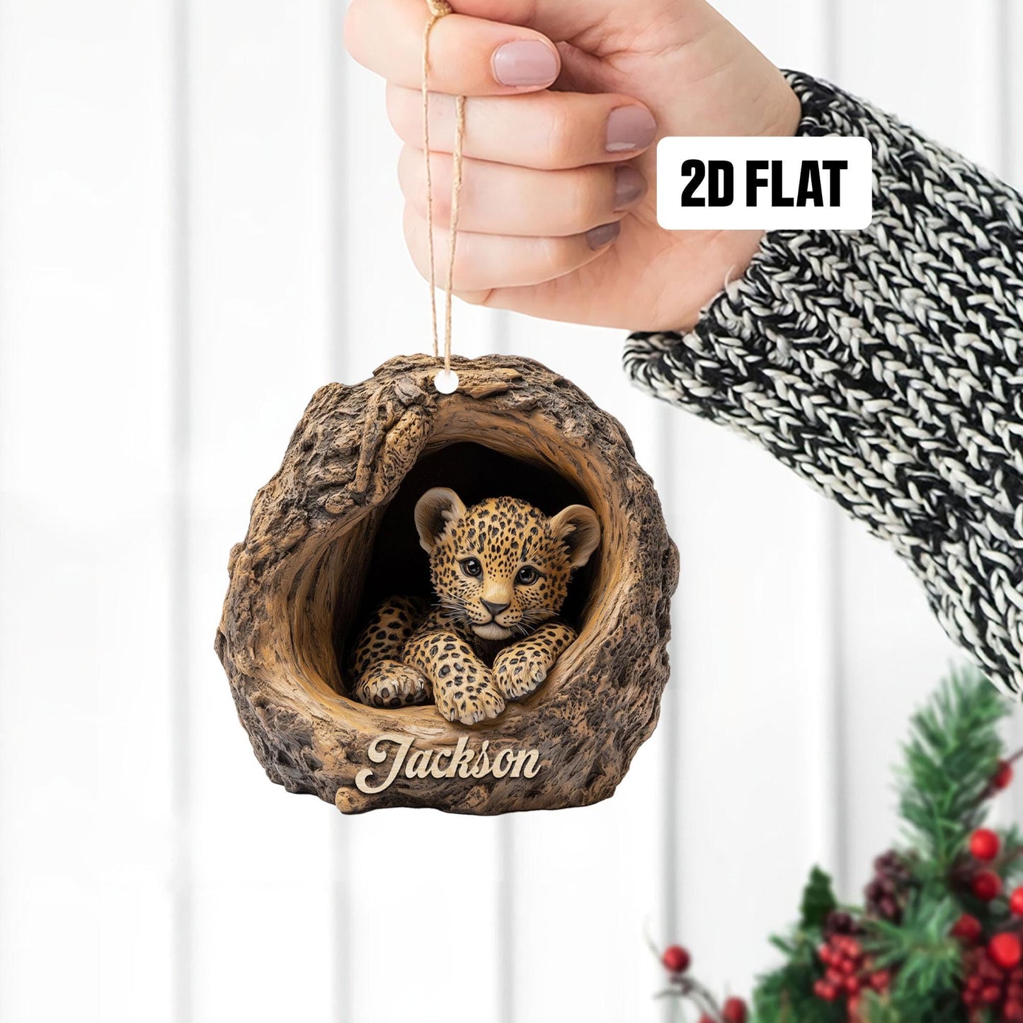 Personalized Leopard 2D Flat Ornament, Custom Name Christmas Tree Ornament, Leopard Baby Christmas Home Decor, Xmas Gift for Leopard Lover