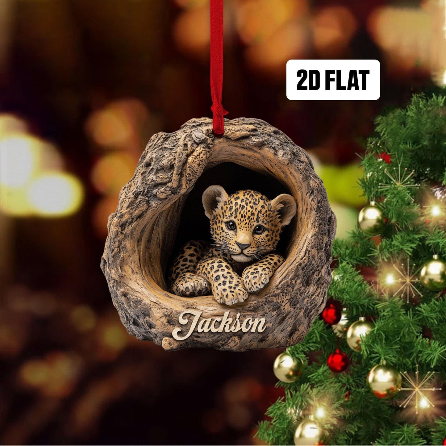 Personalized Leopard 2D Flat Ornament, Custom Name Christmas Tree Ornament, Leopard Baby Christmas Home Decor, Xmas Gift for Leopard Lover