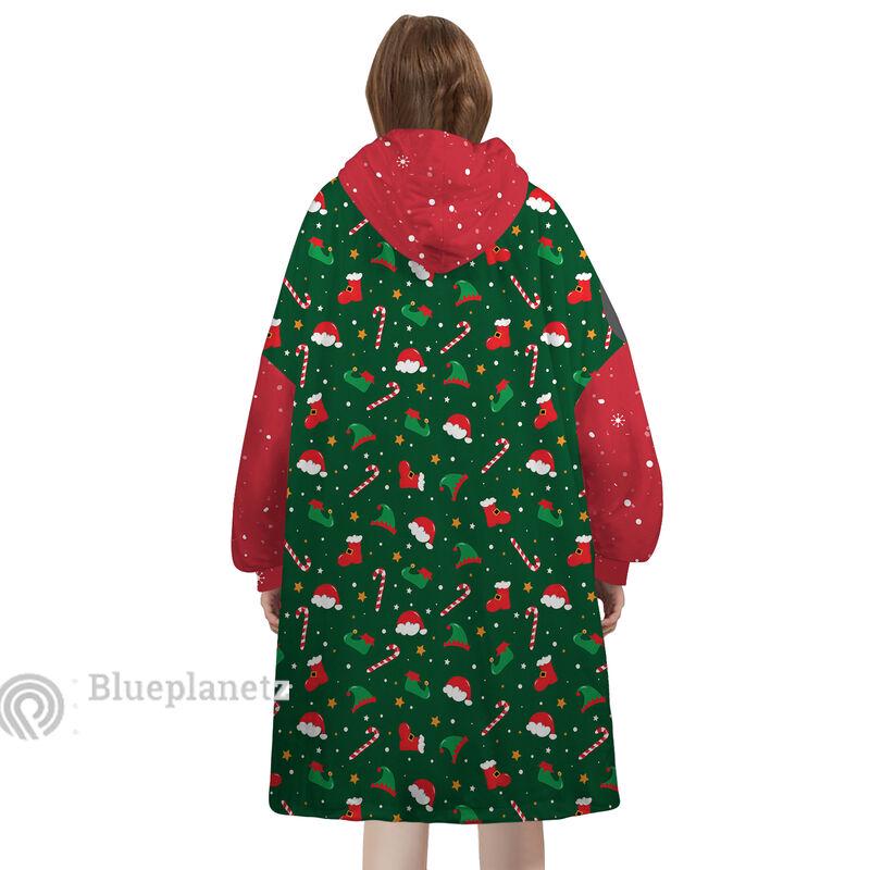 Custom Name Christmas Hoodies Blanket, Personalized Candy Cane Santa Hat Stocking Icons Wearable Hoodie Blanket, Christmas Oversized Blanket