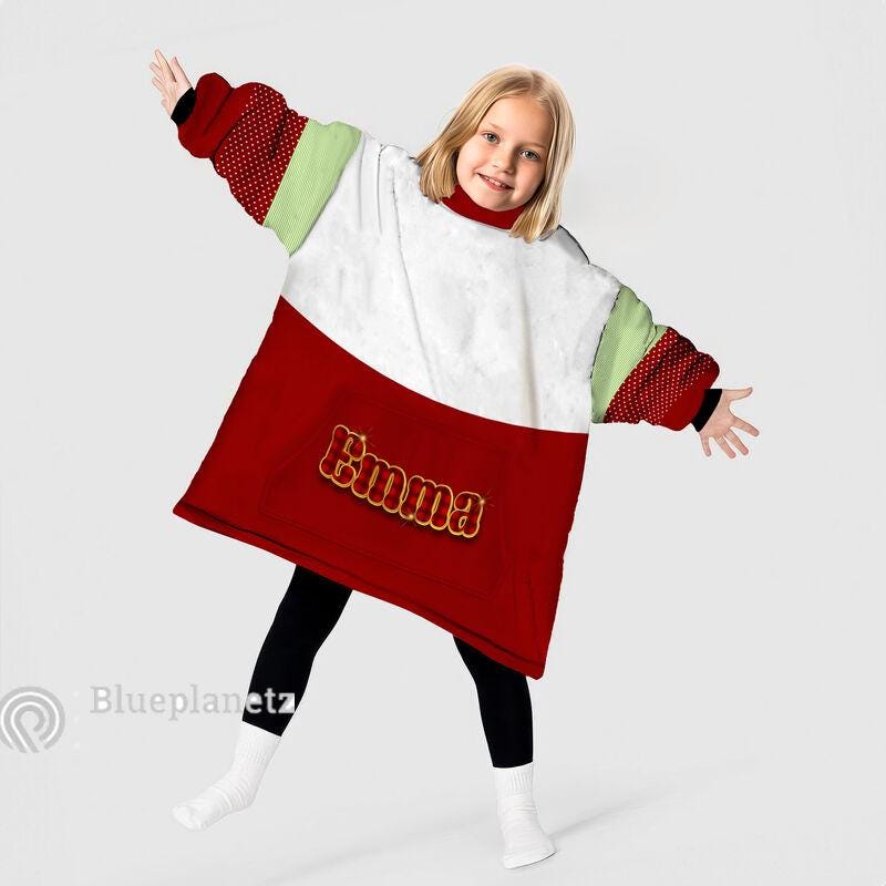 Custom Name Christmas Hoodies Blanket, Personalized Color Block Red Christmas Wearable Hoodie Blanket, Christmas Oversized Blanket, Gift