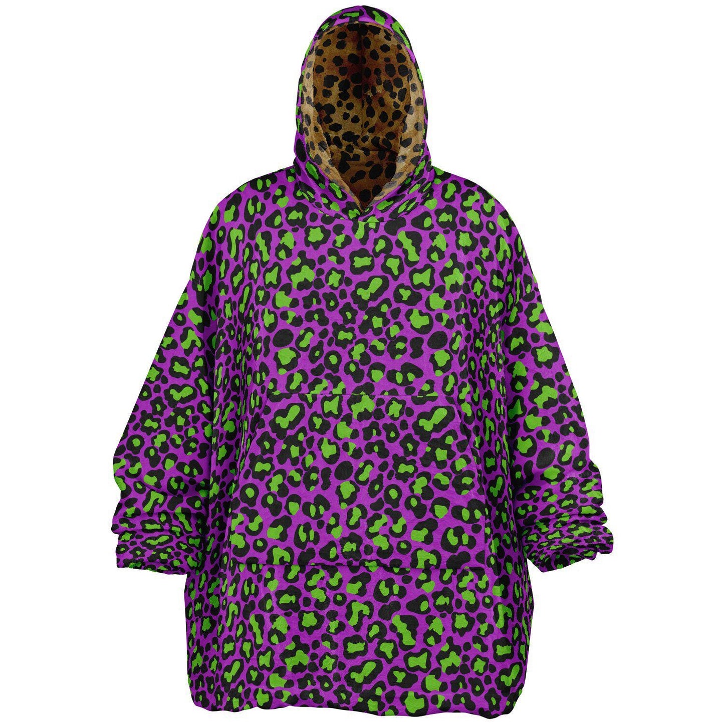 Neon Purple Leopard Print Unisex Reversible Snug Hoodie, Psychedelic Vivid Colors Pullover Hooded Blanket with Sleeves,All Over Print Hoodie