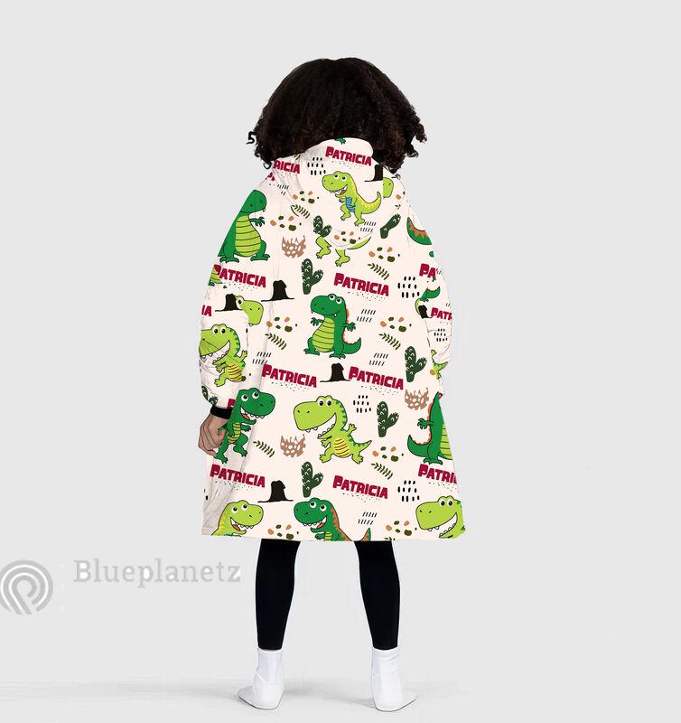 Custom Name Hoodies Blanket, Personalized Dino Wearable Hoodie Blanket, Christmas Oversized Blanket, Christmas Gift Kid Adult Blanket Hoodie