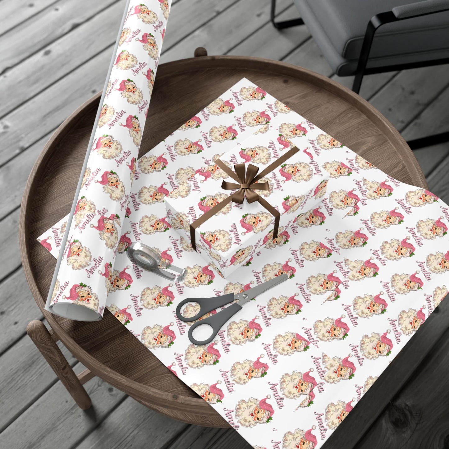 Girls Pink Personalized Santa Gift Wrap Papers - Customized Kids Christmas Gift wrapping - Santa Claus Custom Name Wrapping paper