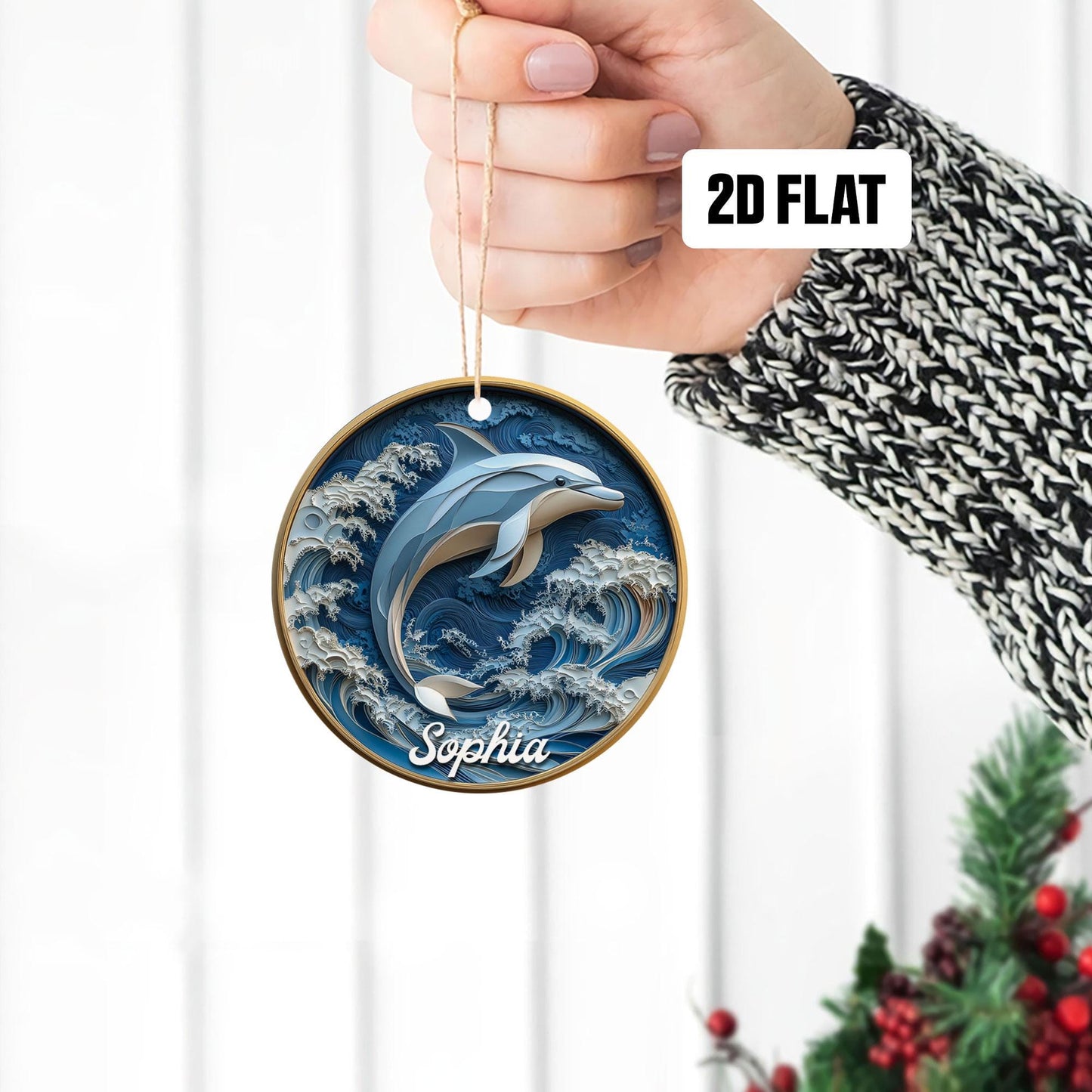 Personalized Dolphin 2D Flat Christmas Ornament, Dolphin Rearview Mirror Car Accessories, Dolphin Christmas Ornament, Gift for Dolphin Lover