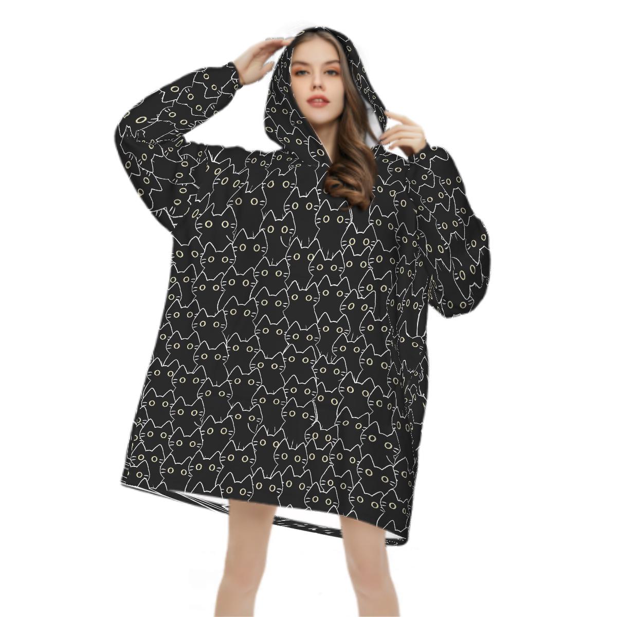 Black Cat Blanket Hoodie, Boho Witchy Black Hooded Jumper, Kawaii Anime Cute Winter Fall Accessory