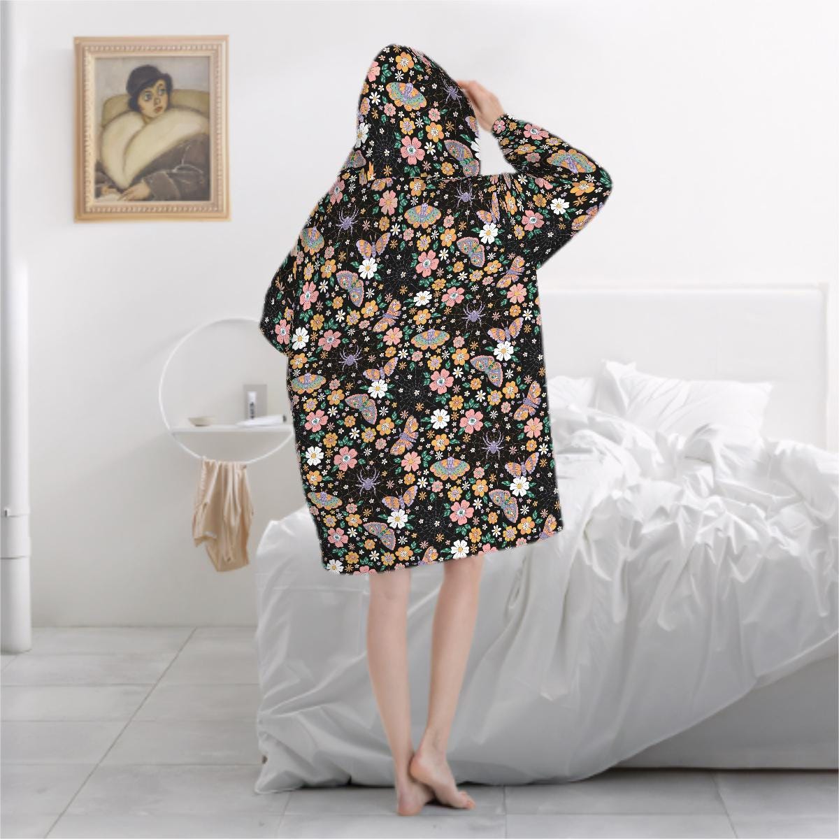 Butterfly Spiderweb Blanket Hoodie, Moon Boho Witchy Black Hooded Jumper, Gothic Floral Cute Winter Fall Accessory