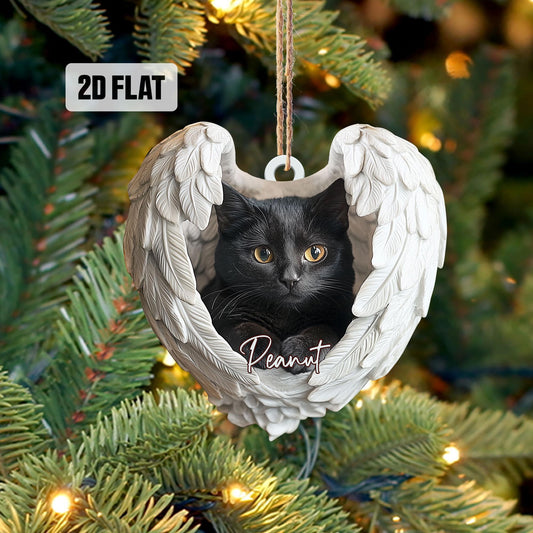 Personalized Black Cat 2D Flat Ornament, Custom Cat Christmas Memorial Ornament, Cat With Angel Wings Ornament, Cat Mom, Cat Memorial Gifts