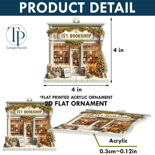 Personalized Book Store Acrylic 2D Flat Ornament Not 3D, Custom Name Bookshop Ornament, Christmas Bookstore Ornament For Book Lovers Gifts