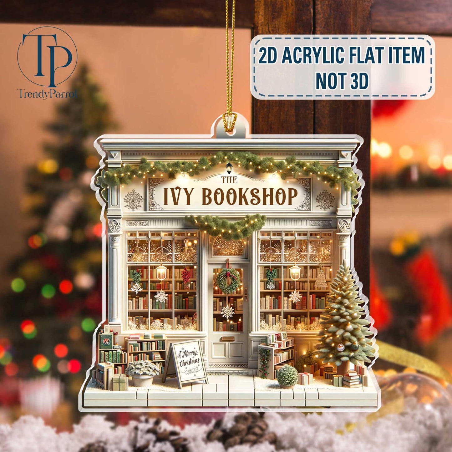 Personalized Book Store Acrylic 2D Flat Ornament Not 3D, Custom Name Bookshop Ornament, Christmas Bookstore Ornament For Book Lovers Gifts