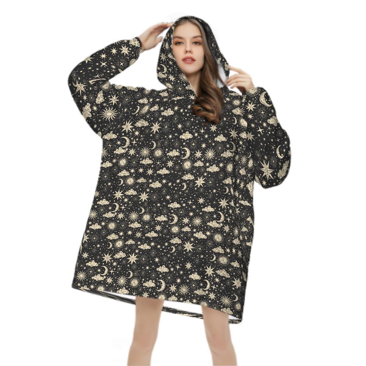 Celestial Moon Blanket Hoodie, Boho Hooded Jumper, Black Witchy Women's Fashion, Gothic Winter Fall Accessory