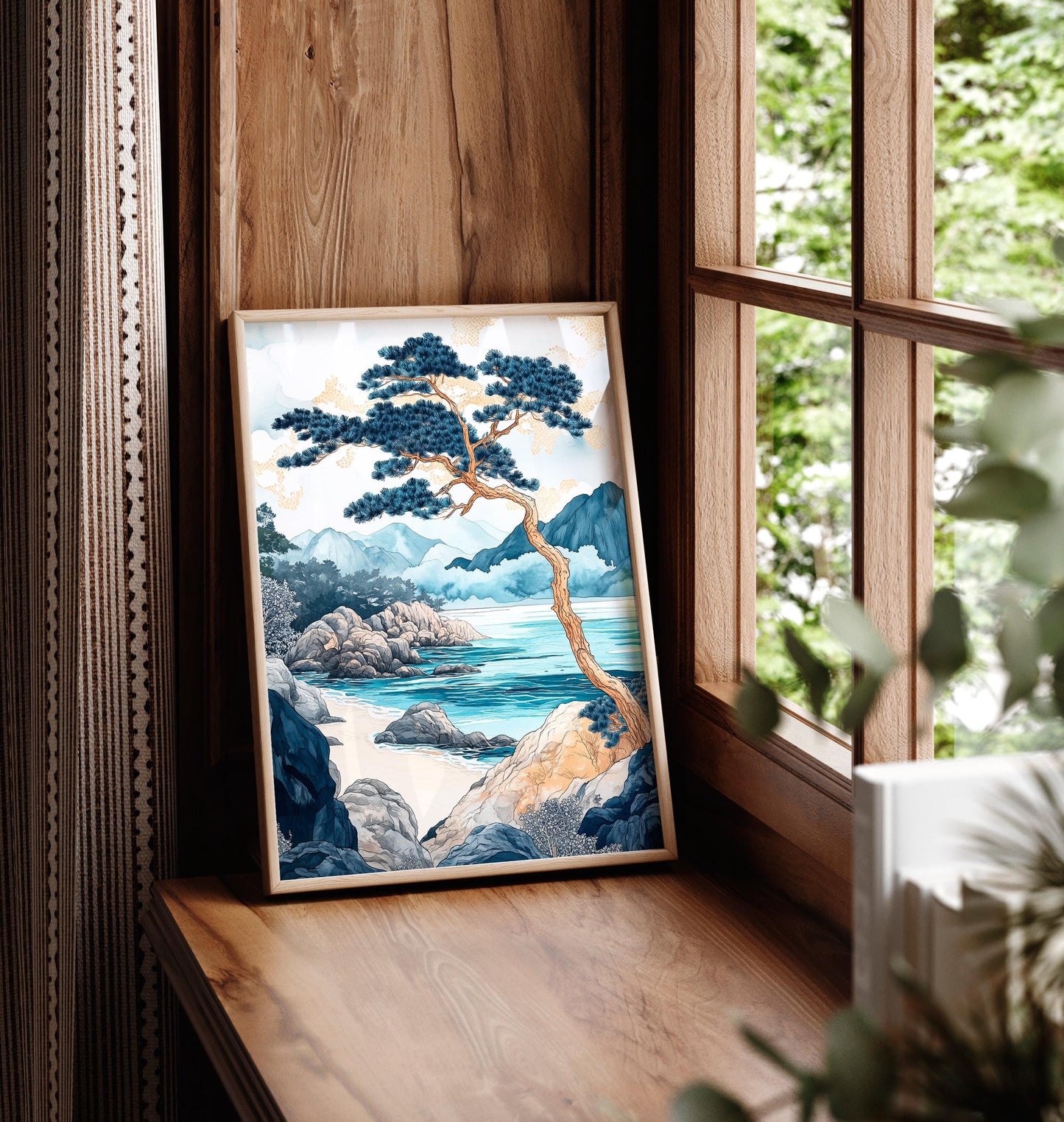 Japandi Coastal Art Print: Japanese Beach Landscape Painting