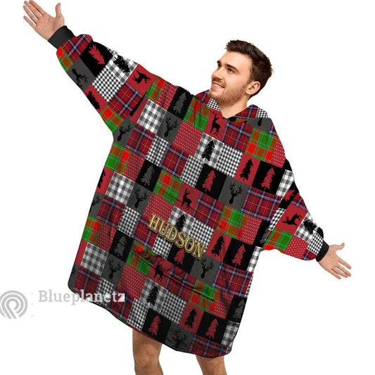 Custom Name Christmas Hoodies Blanket, Personalized Plaid Christmas Deer Wearable Hoodie Blanket, Custom Pattern Oversized Blanket