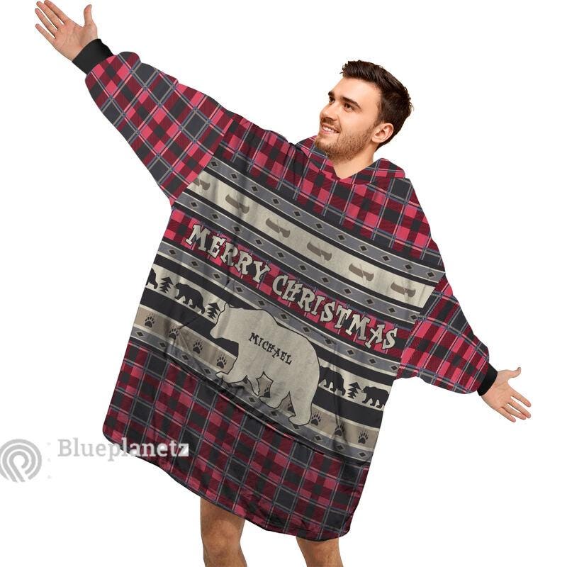 Custom Name Christmas Hoodies Blanket, Personalized Plaid Christmas Bear Wearable Hoodie Blanket, Custom Pattern Oversized Blanket