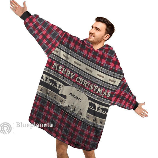 Custom Name Christmas Hoodies Blanket, Personalized Plaid Christmas Bear Wearable Hoodie Blanket, Custom Pattern Oversized Blanket