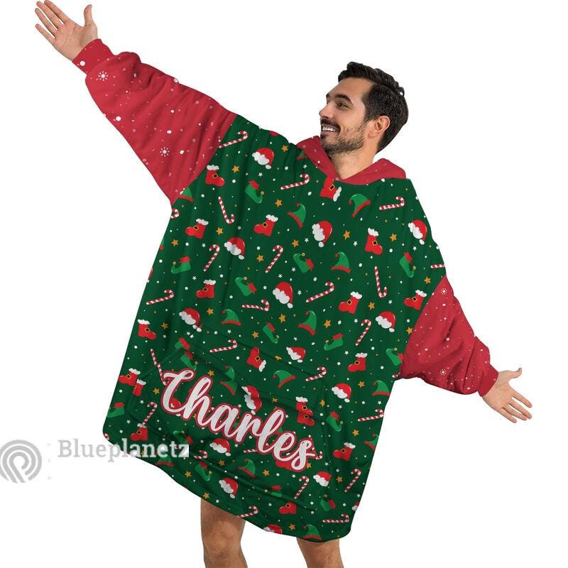 Custom Name Christmas Hoodies Blanket, Personalized Candy Cane Santa Hat Stocking Icons Wearable Hoodie Blanket, Christmas Oversized Blanket