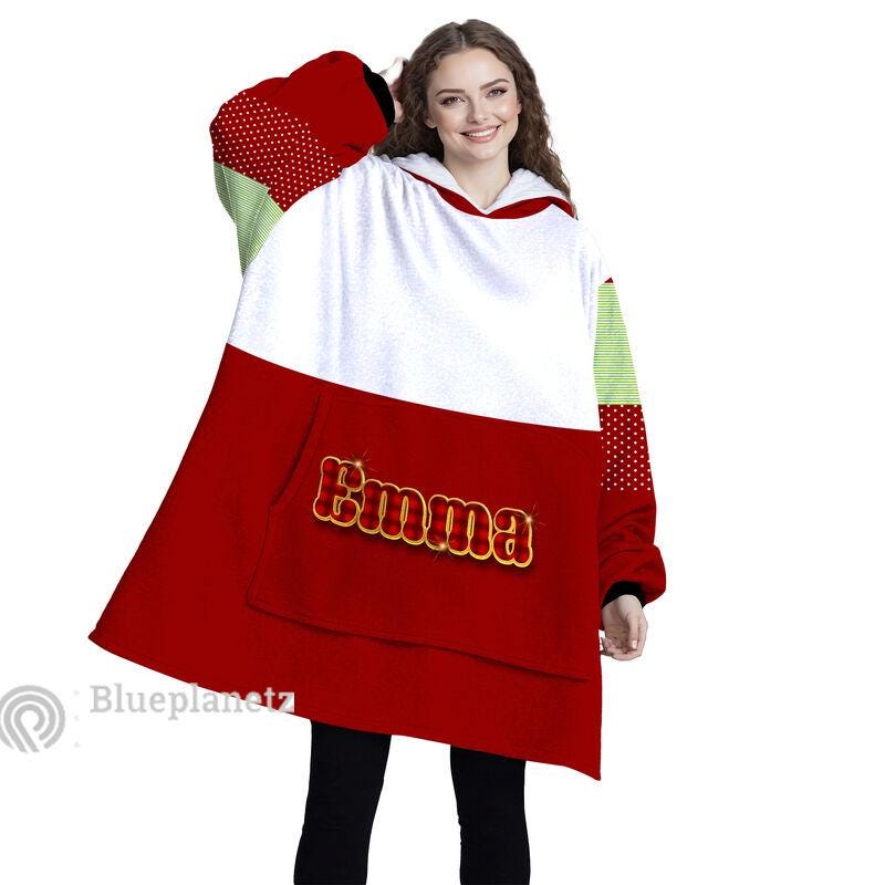 Custom Name Christmas Hoodies Blanket, Personalized Color Block Red Christmas Wearable Hoodie Blanket, Christmas Oversized Blanket, Gift