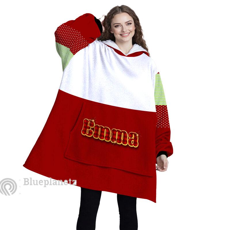 Custom Name Christmas Hoodies Blanket, Personalized Color Block Red Christmas Wearable Hoodie Blanket, Christmas Oversized Blanket, Gift