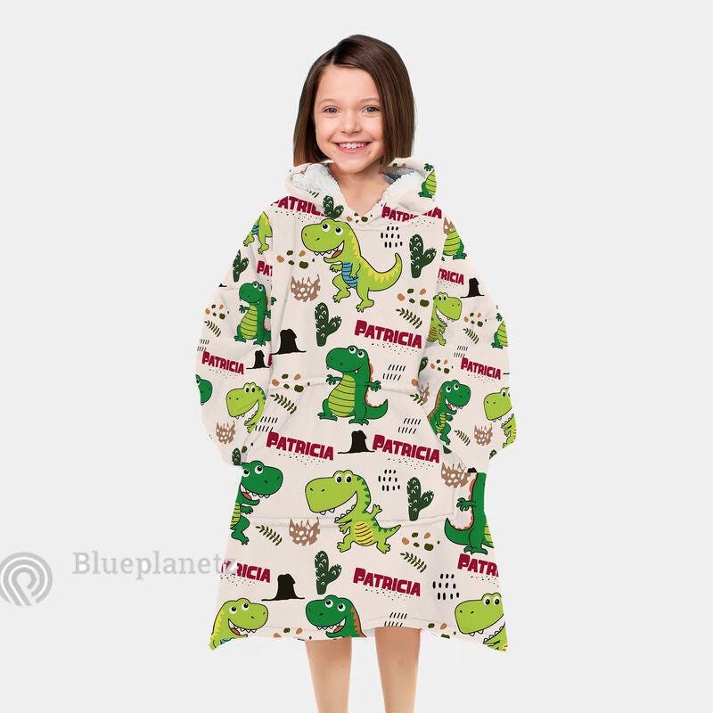 Custom Name Hoodies Blanket, Personalized Dino Wearable Hoodie Blanket, Christmas Oversized Blanket, Christmas Gift Kid Adult Blanket Hoodie
