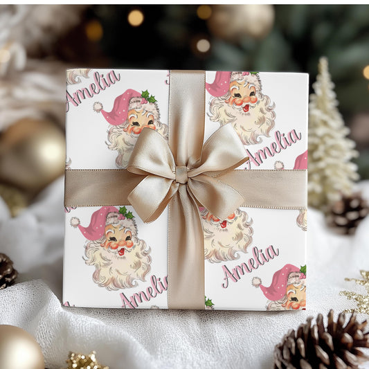 Girls Pink Personalized Santa Gift Wrap Papers - Customized Kids Christmas Gift wrapping - Santa Claus Custom Name Wrapping paper