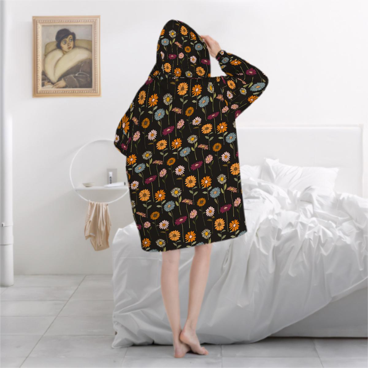 Wildflower Blanket Hoodie, Boho Witchy Black Hooded Jumper, Winter Fall Accessory
