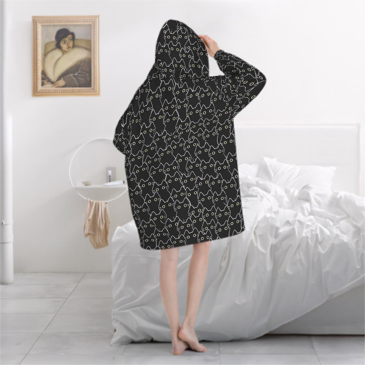 Black Cat Blanket Hoodie, Boho Witchy Black Hooded Jumper, Kawaii Anime Cute Winter Fall Accessory