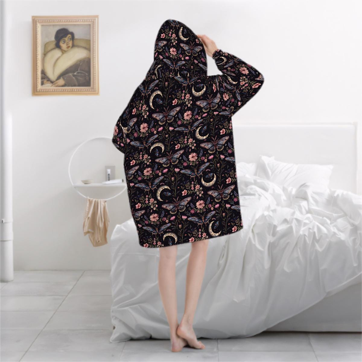 Moth Butterfly Wildflower Blanket Hoodie, Purple Pink Boho Witchy Black Hooded Jumper, Gothic Winter Fall Accessory