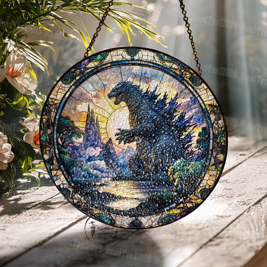 Godzila in Scenic Landscape Stained Glass, Unique Artistic Home Decor Gift for Movie Fans and Nature Enthusiasts